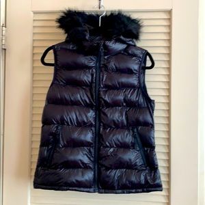 Black Down Alt. Vest w/ Faux Fur Lines Hood - NWT